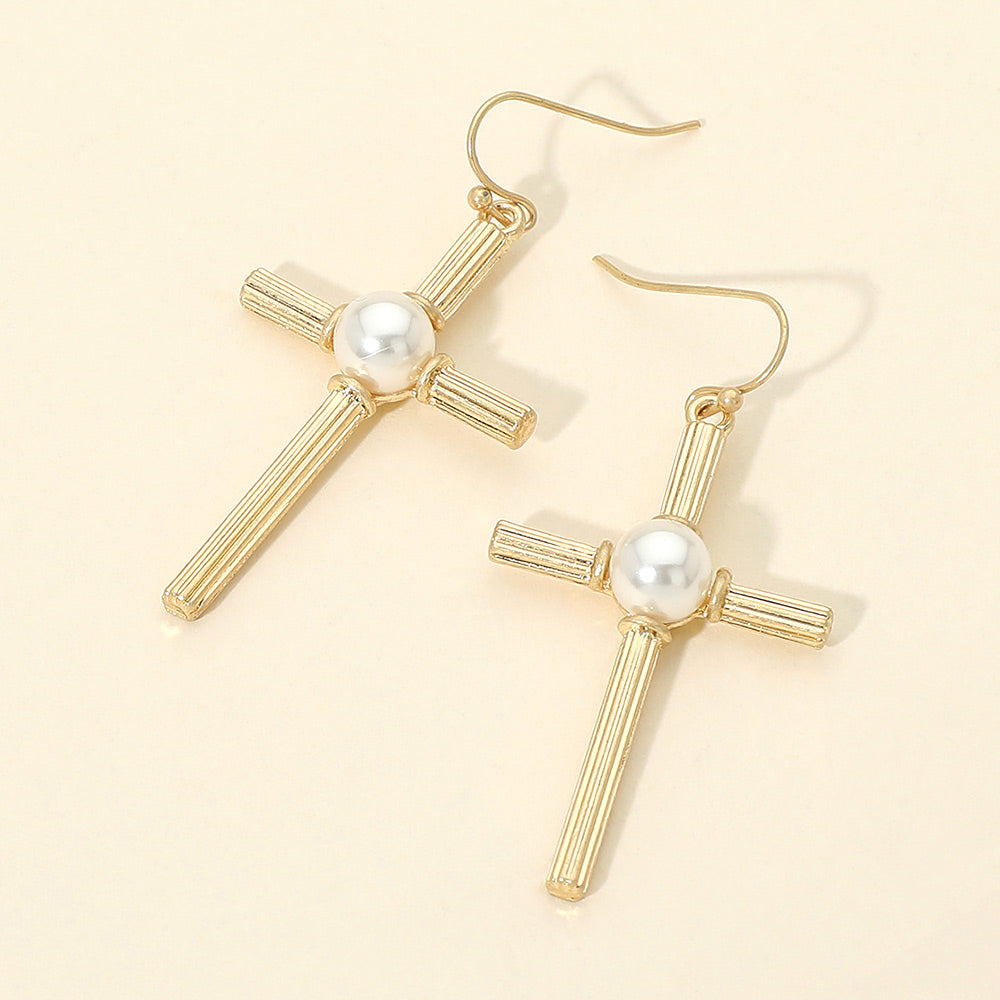 Madeline Love Worn Gold Pearl Accent Chunky Textured Cross Drop Dangle Earrings