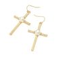 Madeline Love Worn Gold Pearl Accent Chunky Textured Cross Drop Dangle Earrings - desc