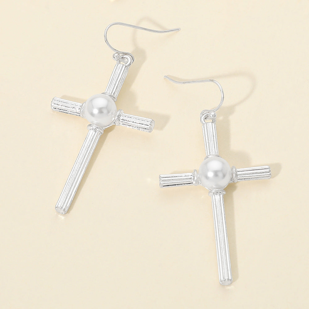 Madeline Love Worn Silver Pearl Accent Chunky Textured Cross Drop Dangle Earrings