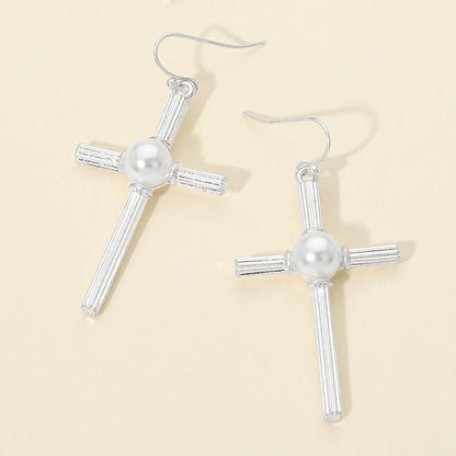 Madeline Love Worn Silver Pearl Accent Chunky Textured Cross Drop Dangle Earrings