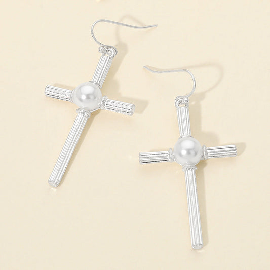 Madeline Love Worn Silver Pearl Accent Chunky Textured Cross Drop Dangle Earrings