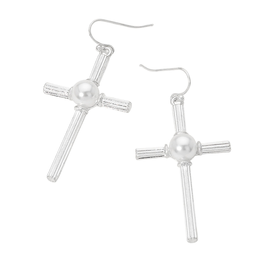 Madeline Love Worn Silver Pearl Accent Chunky Textured Cross Drop Dangle Earrings - desc