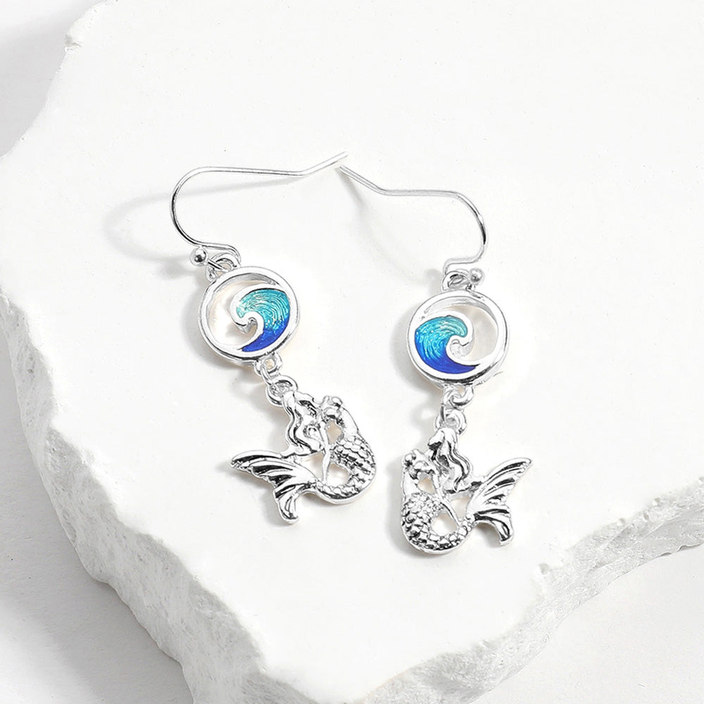 Madeline Love Antique Silver, Blue Enamel Wave Antique Metal Mermaid Link Dangle Earrings