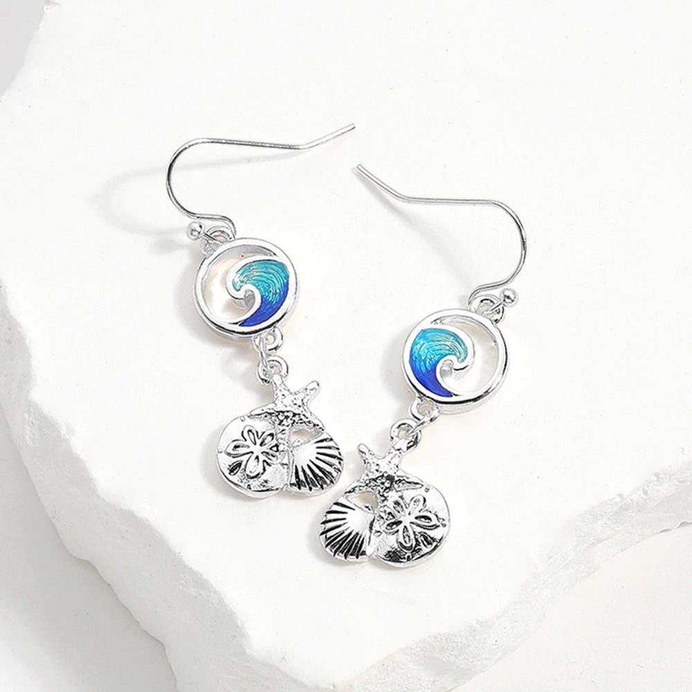 Madeline Love Antique Silver, Blue Enamel Wave Antique Metal Seashell Starfish Sand Dollar Link Dangle Earrings