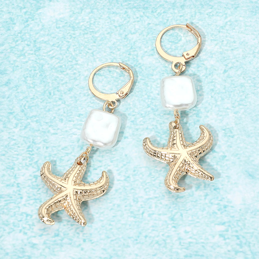 Madeline Love Gold Starfish Square Pearl Charm Link Drop Huggie Earrings