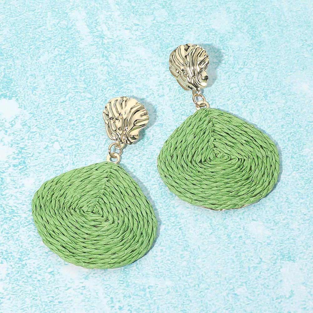 Madeline Love Green Raffia Wrapped Shell Drop Statement Earrings