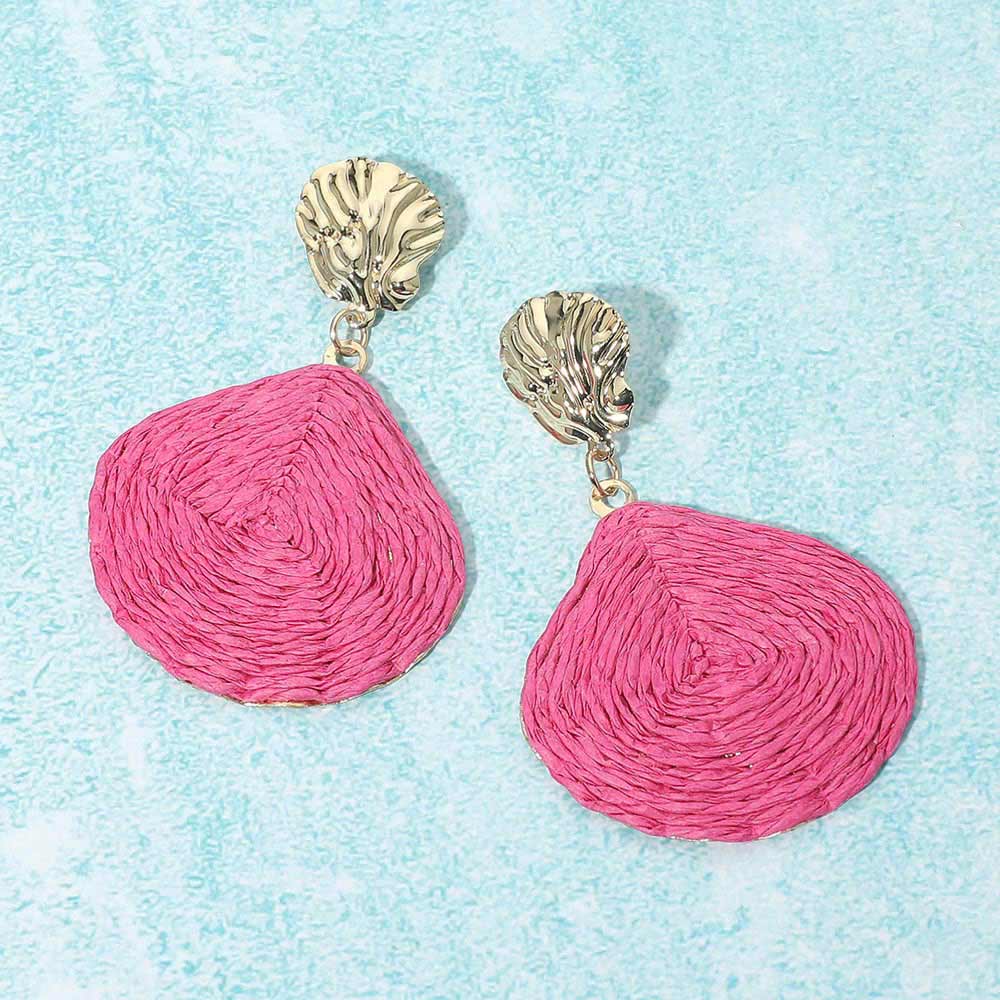 Madeline Love Hot Pink Raffia Wrapped Shell Drop Statement Earrings