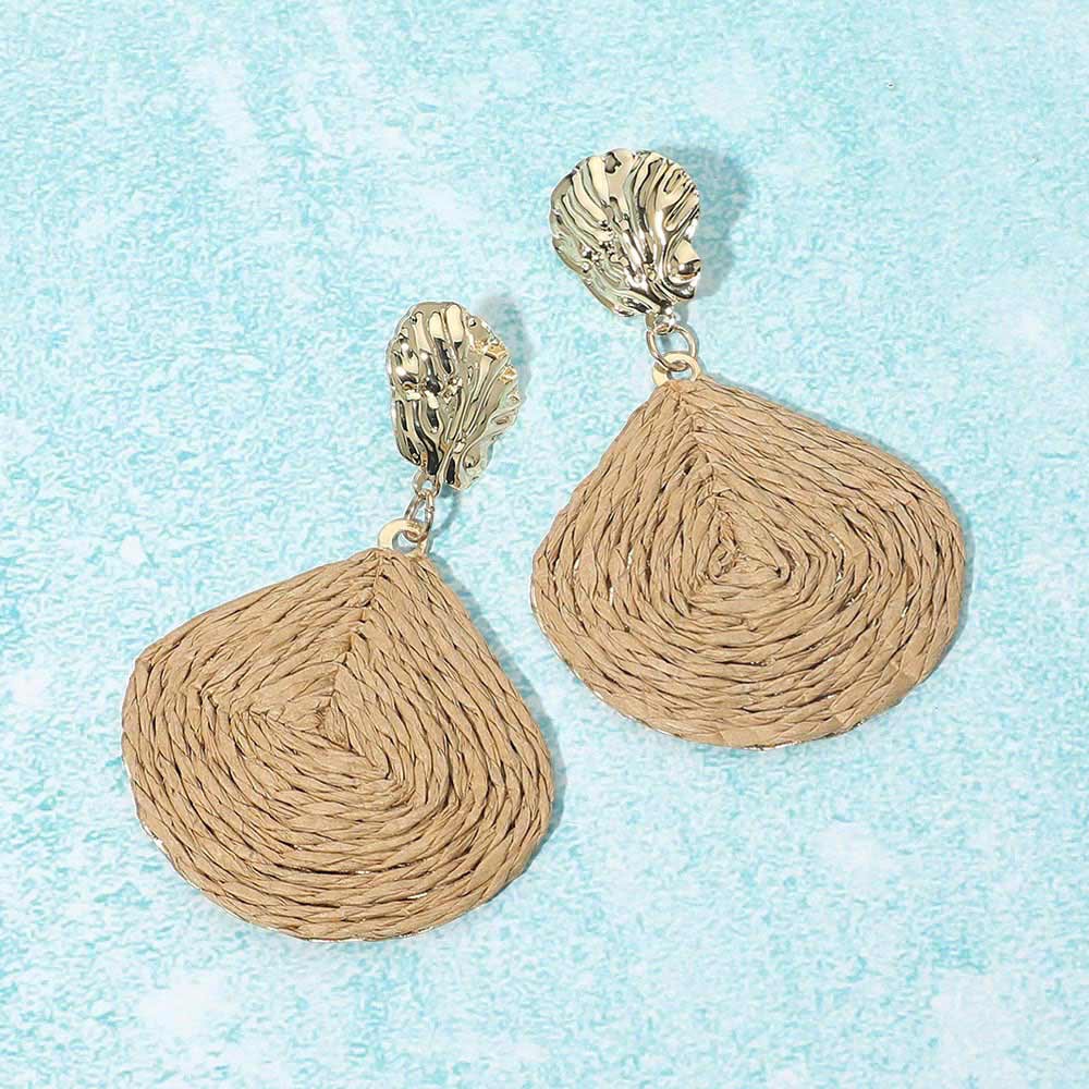 Madeline Love Neutral Raffia Wrapped Shell Drop Statement Earrings