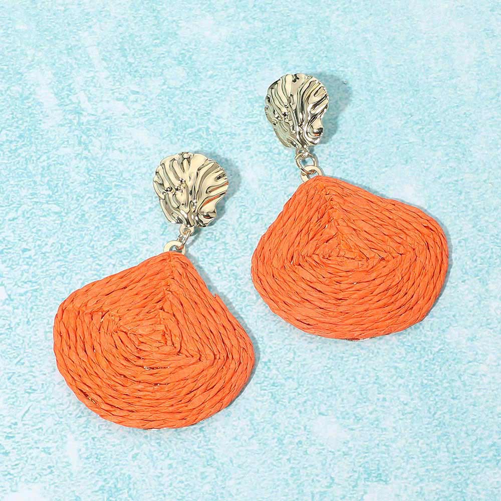 Madeline Love Orange Raffia Wrapped Shell Drop Statement Earrings
