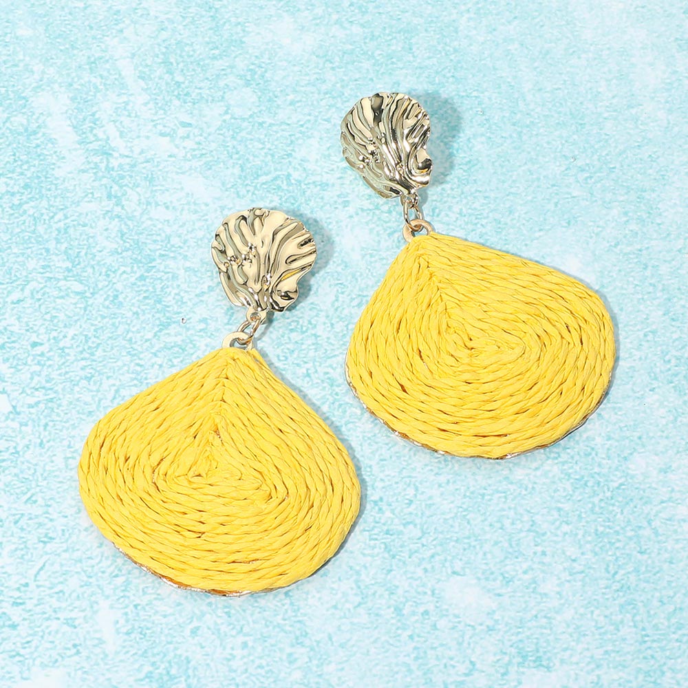 Madeline Love Yellow Raffia Wrapped Shell Drop Statement Earrings