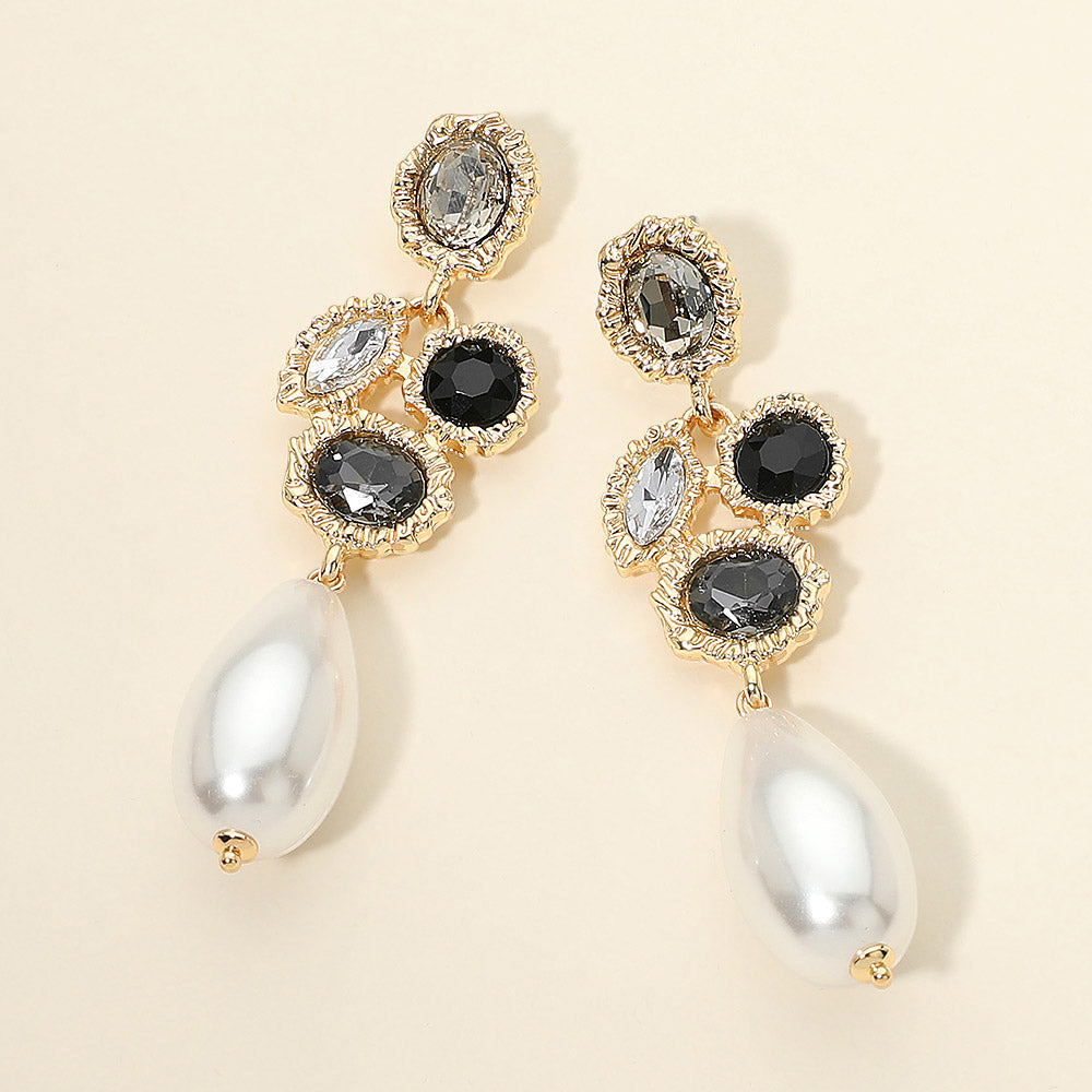 Madeline Love Black Diamond Crystal Pearl Drop Statement Earrings
