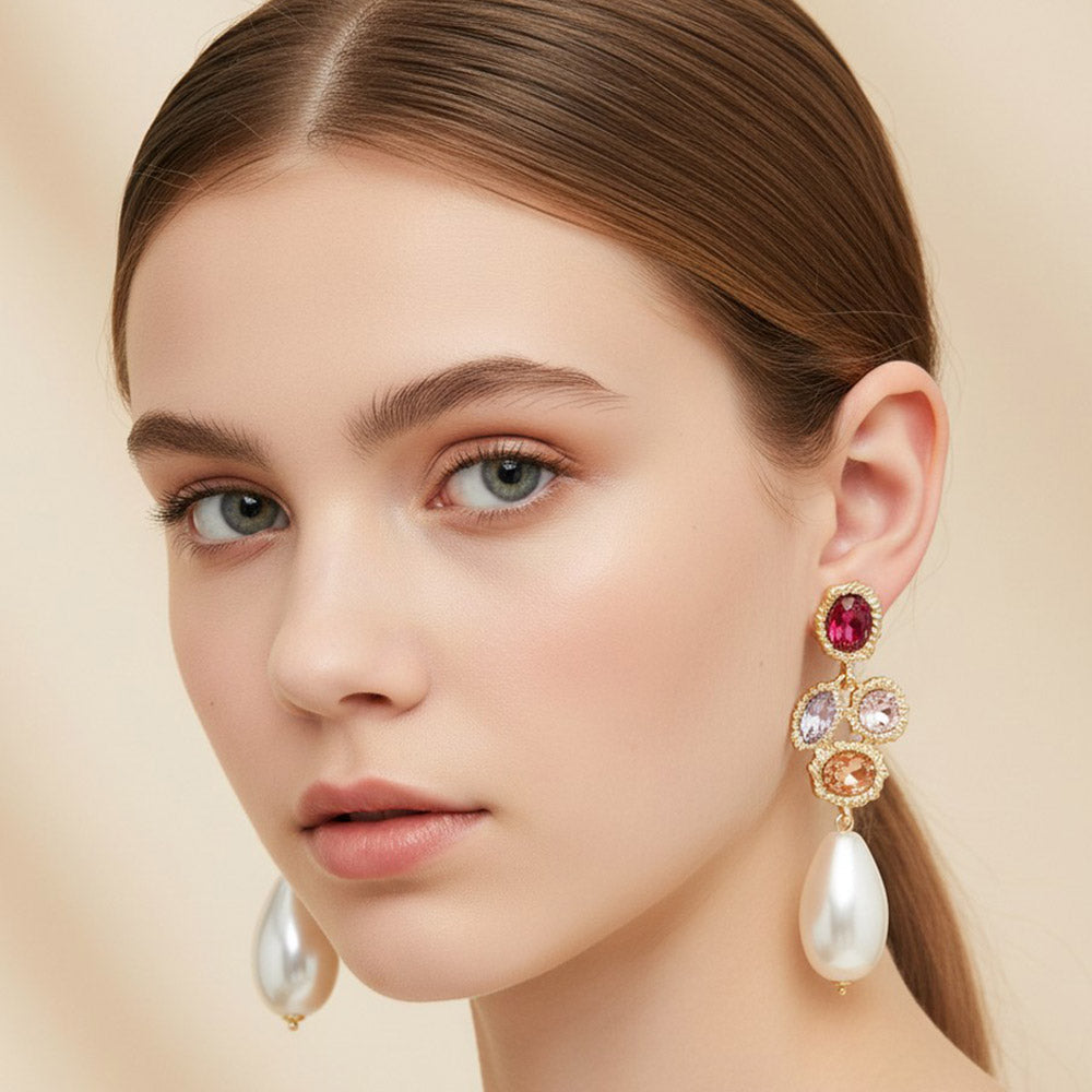Madeline Love Fuchsia Crystal Pearl Drop Statement Earrings