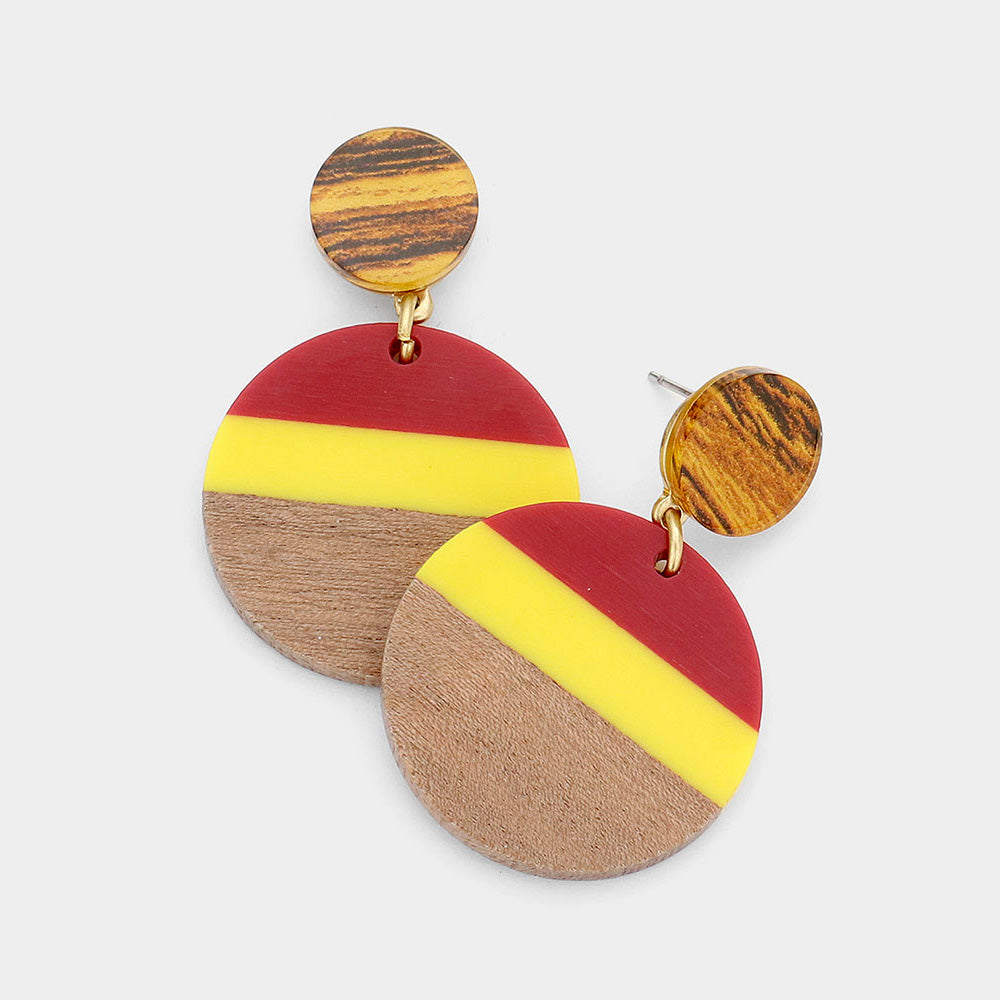 Madeline Love Red Color Block Wood Resin Round Dangle Earrings