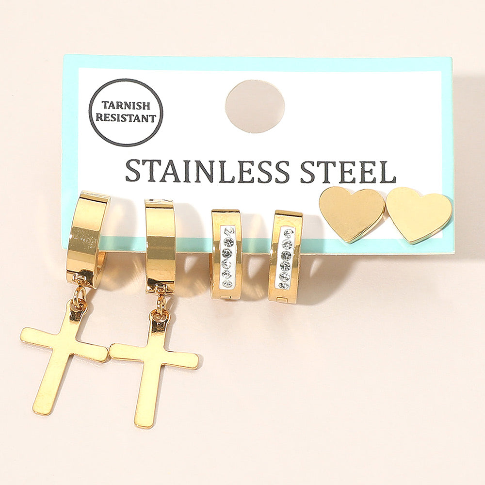 Madeline Love Clear, Gold 3Pairs - Stainless Steel Cross Drop Dangle Rhinestone Line Huggie Mini Hoop Heart Stud Earring Set - Earrings