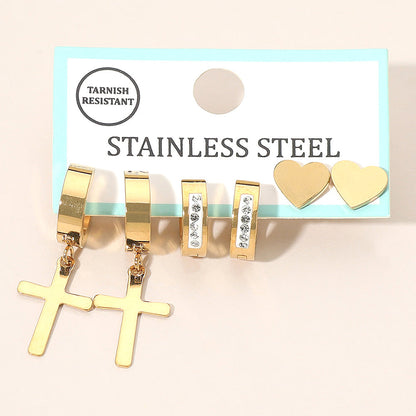 Madeline Love Clear, Gold 3Pairs - Stainless Steel Cross Drop Dangle Rhinestone Line Huggie Mini Hoop Heart Stud Earring Set - Earrings