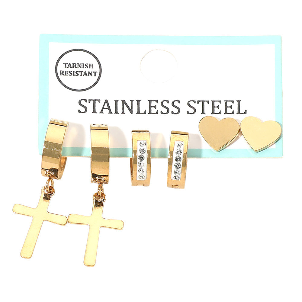 Madeline Love Clear, Gold 3Pairs - Stainless Steel Cross Drop Dangle Rhinestone Line Huggie Mini Hoop Heart Stud Earring Set - Earrings - desc