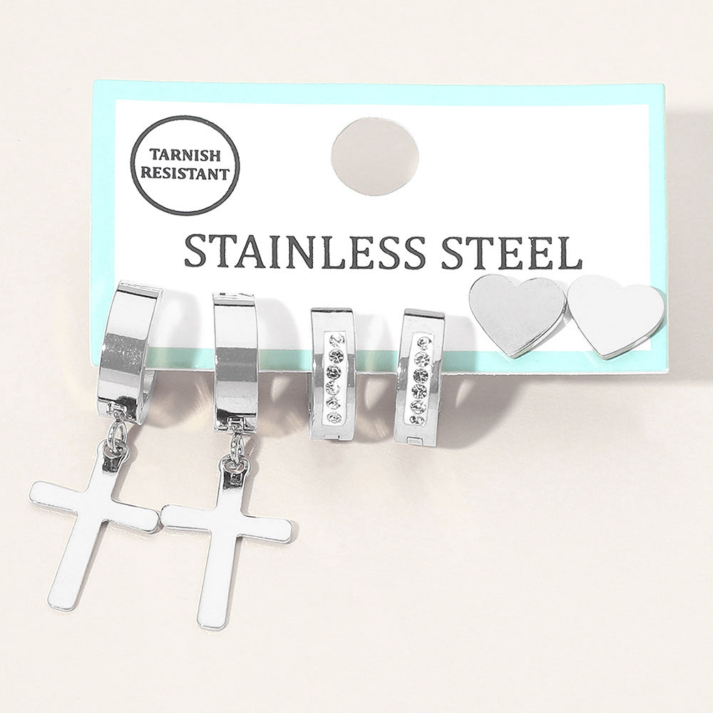 Madeline Love Clear, Rhodium 3Pairs - Stainless Steel Cross Drop Dangle Rhinestone Line Huggie Mini Hoop Heart Stud Earring Set - Earrings