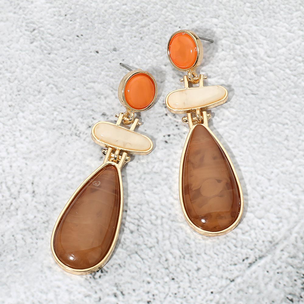 Madeline Love Brown, Gold Geometric Resin Teardrop Link Statement Earrings