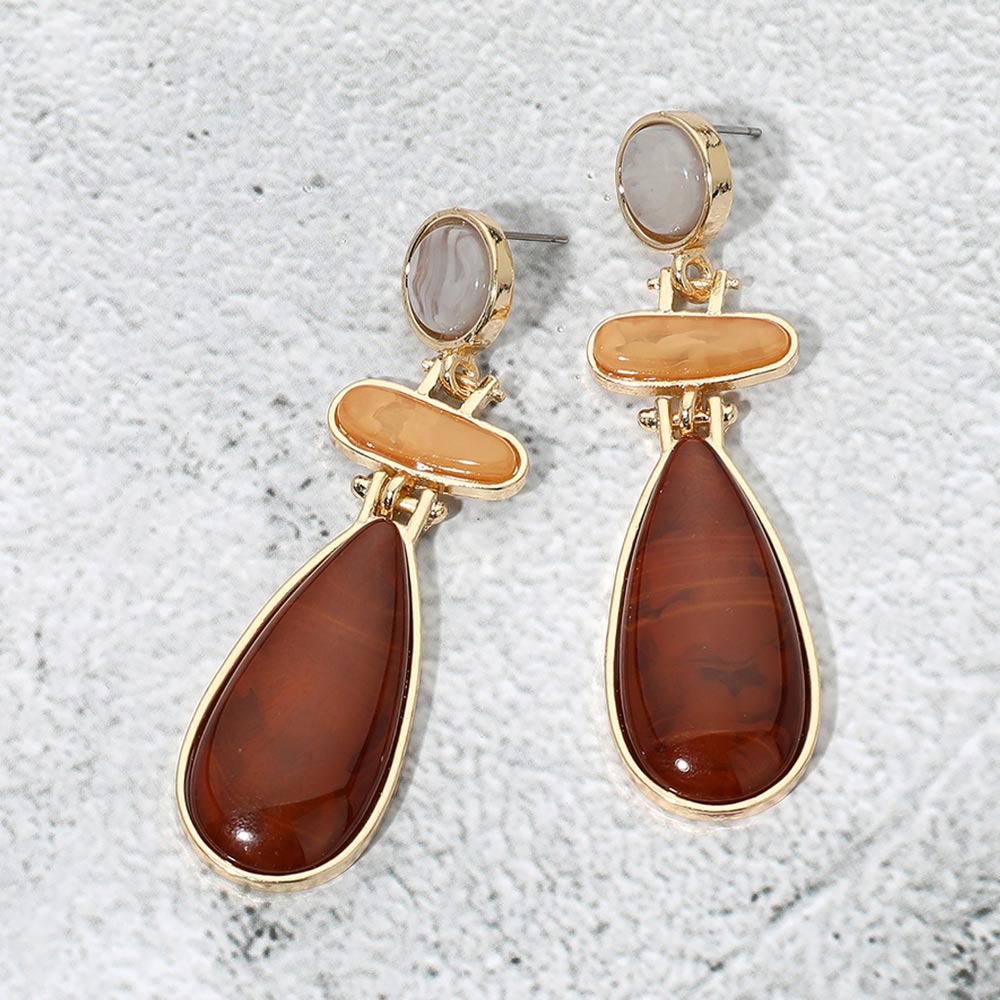 Madeline Love Dark Brown, Gold Geometric Resin Teardrop Link Statement Earrings