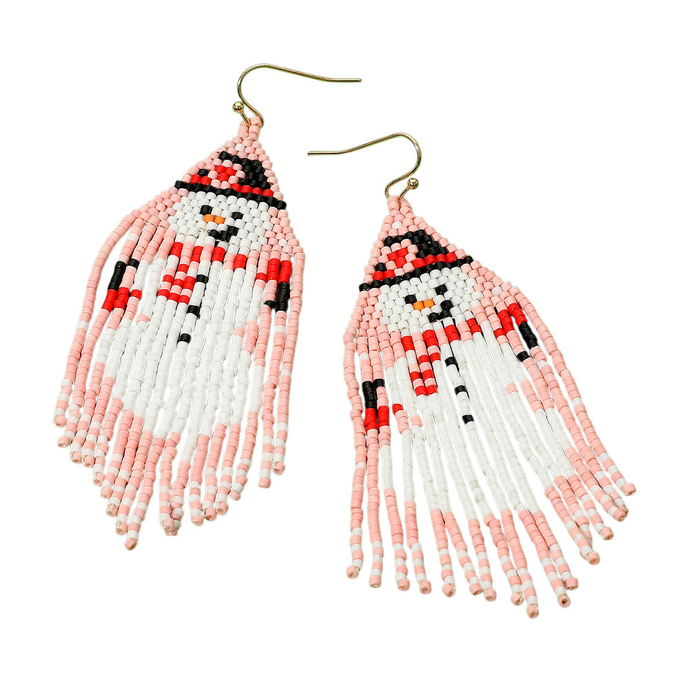 Gold Pink Beaded Snowman Fringe Dangle Earrings