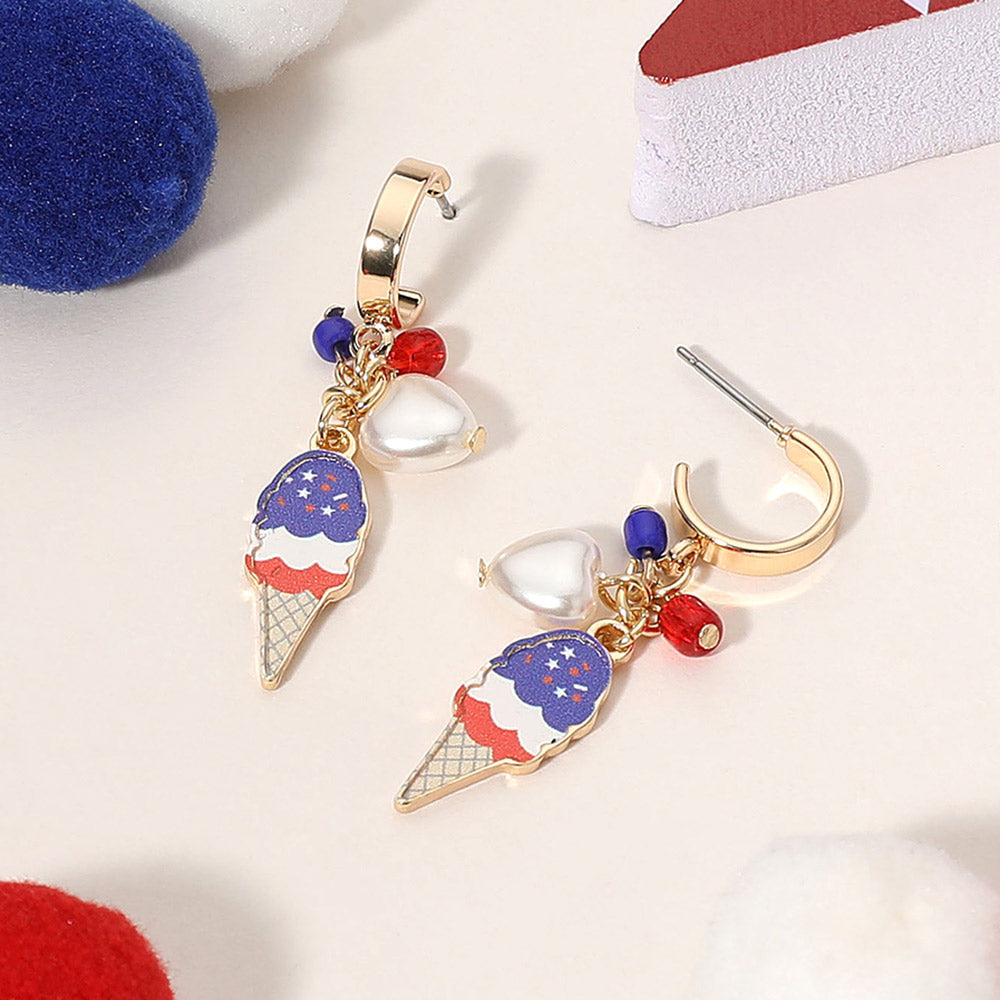 Madeline Love Gold, Multi Enamel American USA Flag Ice Cream Cone Pearl Heart Beads Charm Dangle Earrings