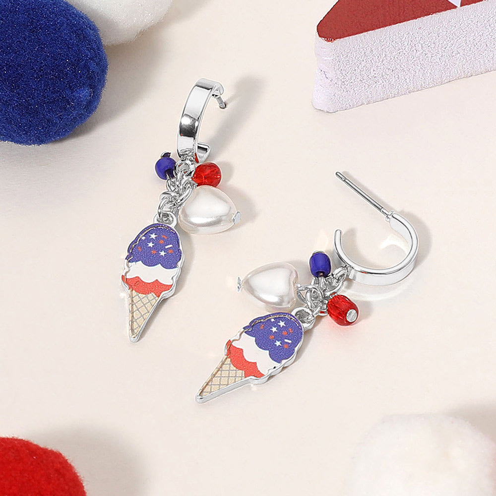 Madeline Love Multi, Rhodium Enamel American USA Flag Ice Cream Cone Pearl Heart Beads Charm Dangle Earrings