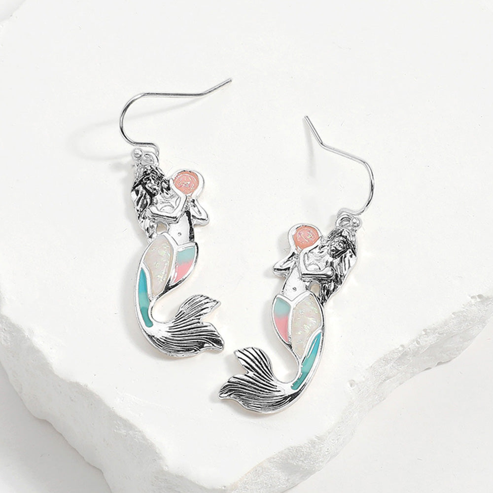 Antique Silver, Multi Sea Glass Mermaid Dangle Earrings