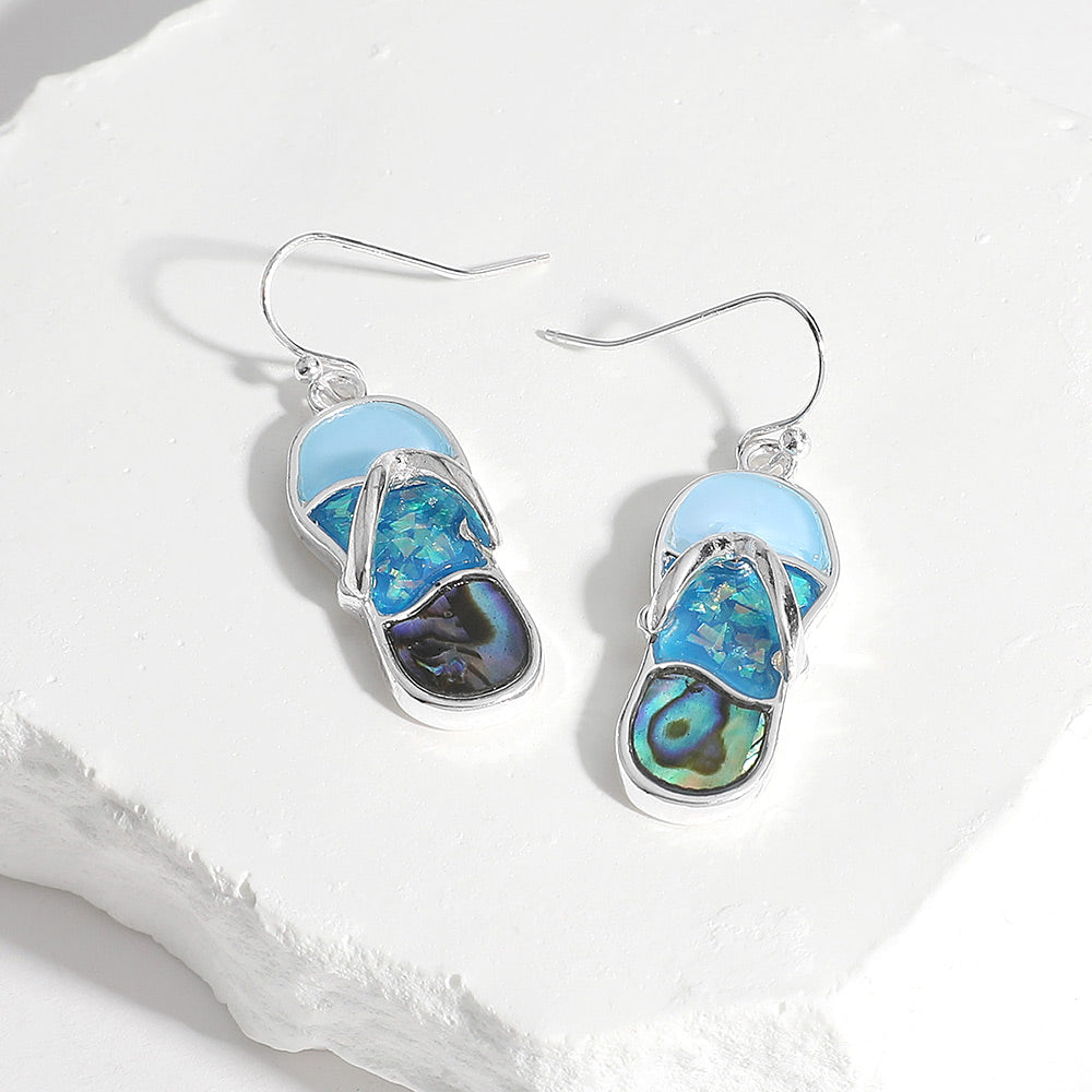 Madeline Love Abalone, Blue, Silver Abalone Sea Glass Flip Flop Dangle Earrings