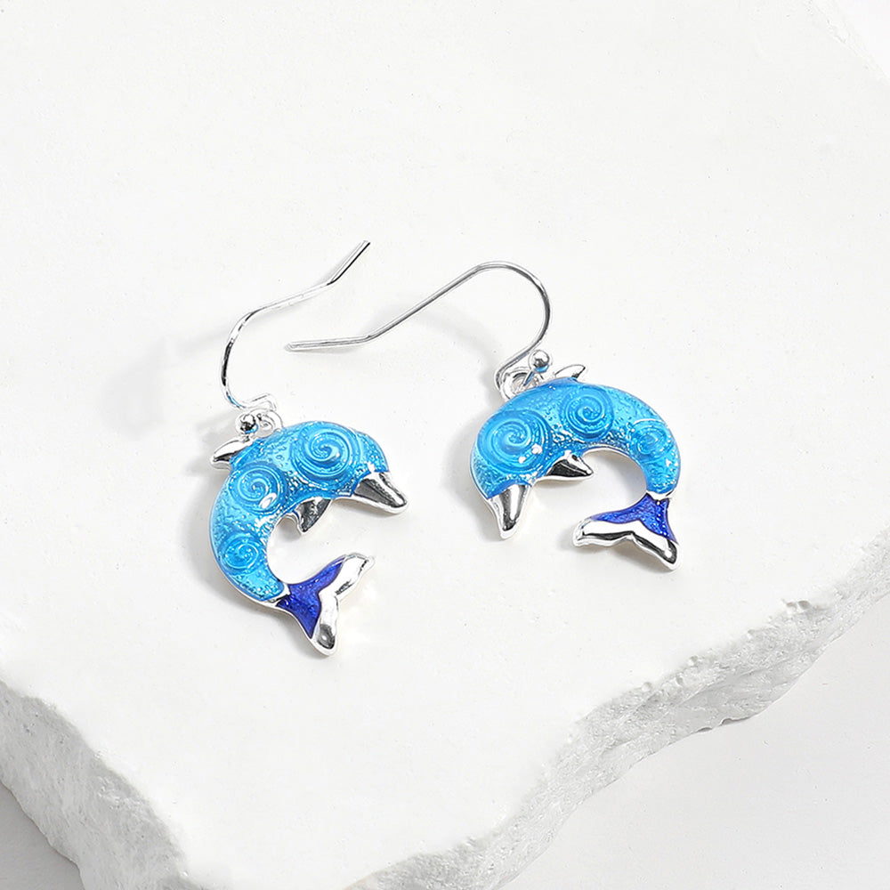 Blue, Silver Enamel Dolphin Dangle Earrings