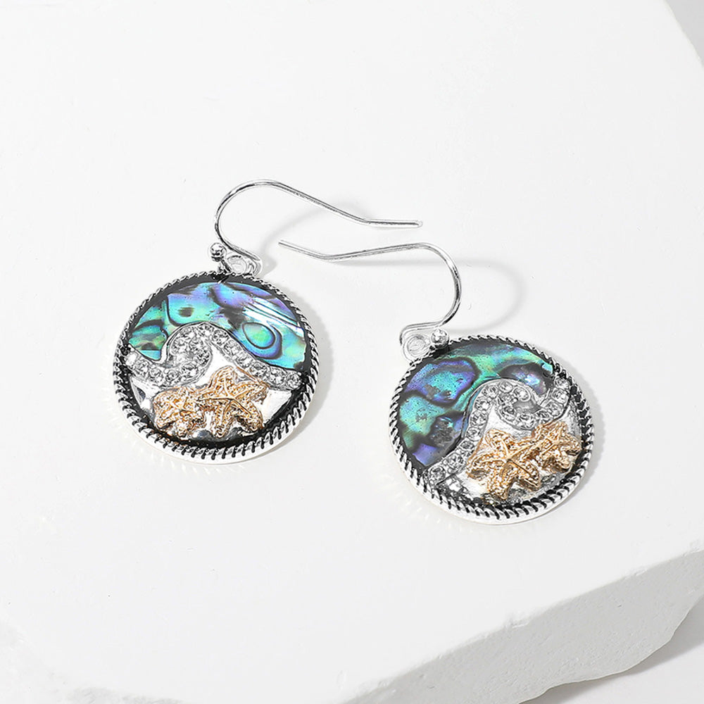 Madeline Love Abalone, Antique Silver, Two Tone Two Tone Starfish Abalone Stone Paved Wave Round Dangle Earrings