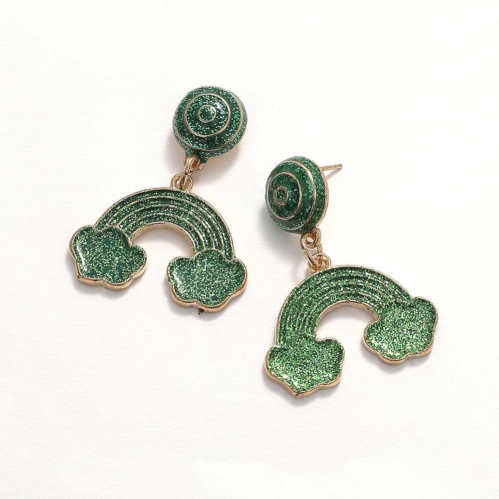 Madeline Love Gold, Green Glittered Enamel St Patricks Rainbow Cloud Dangle Earrings