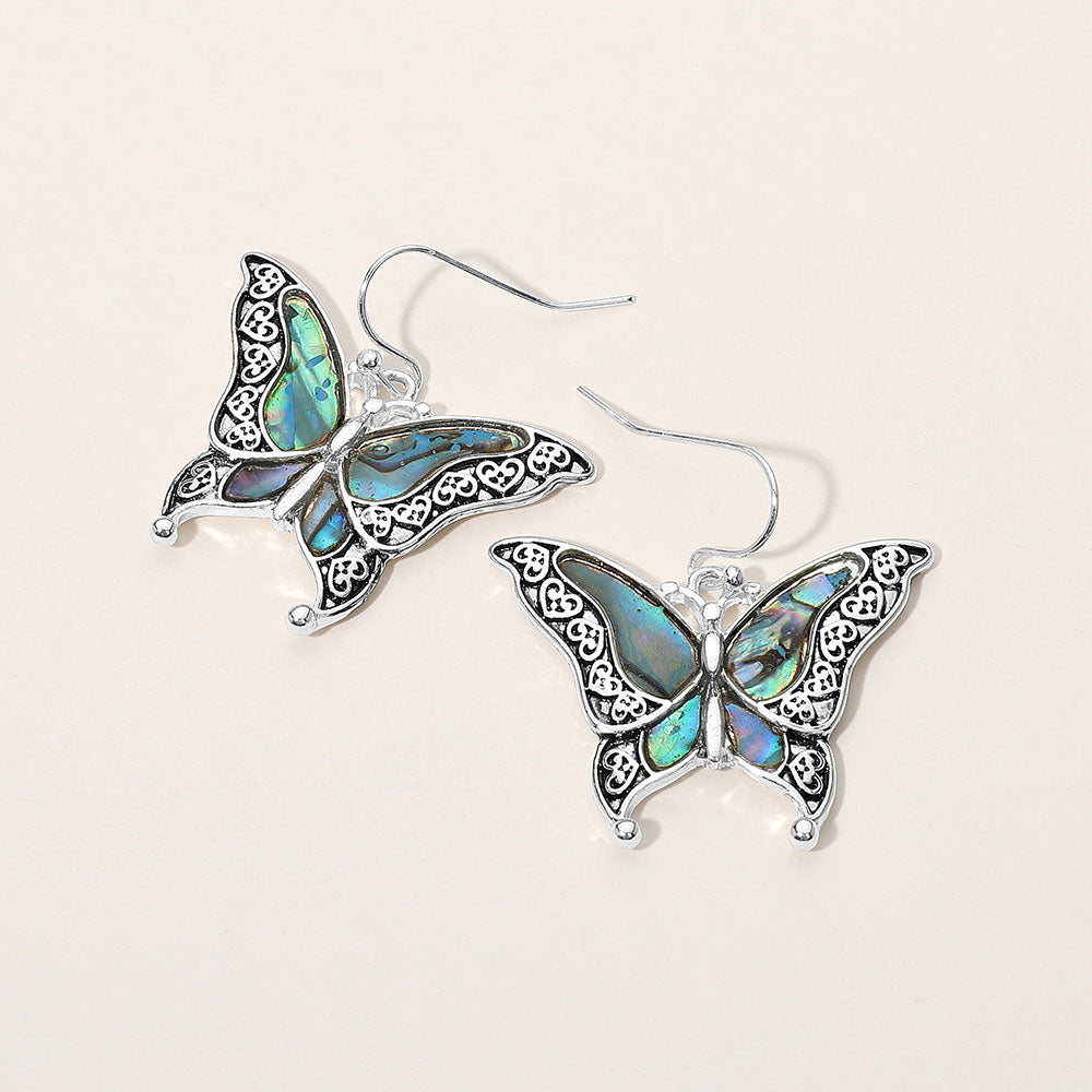 Madeline Love Abalone, Antique Silver Antique Metal Abalone Pointed Butterfly Dangle Earrings