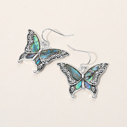 Madeline Love Abalone, Antique Silver Antique Metal Abalone Pointed Butterfly Dangle Earrings