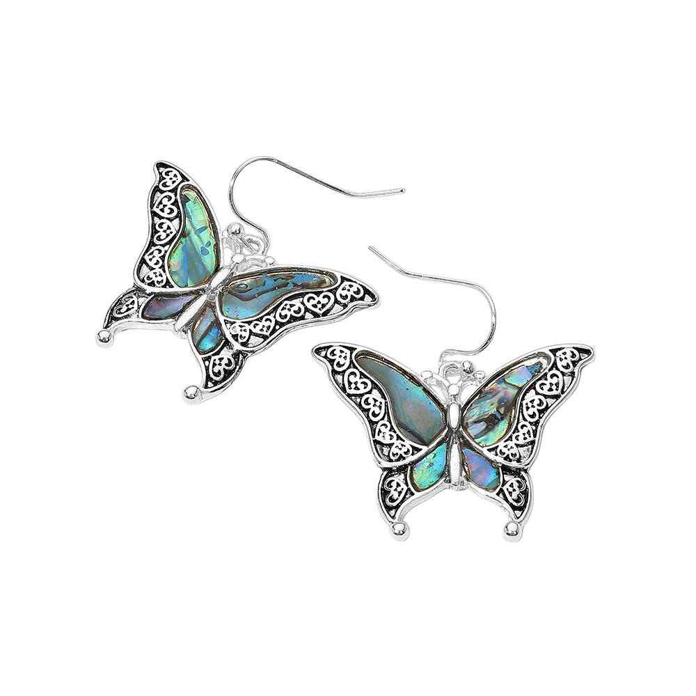 Madeline Love Abalone, Antique Silver Antique Metal Abalone Pointed Butterfly Dangle Earrings - desc