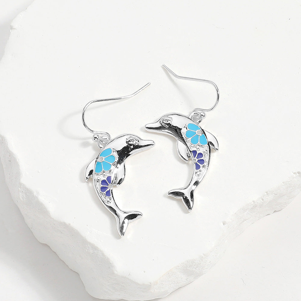 Multi, Silver Enamel Dolphin Dangle Earrings