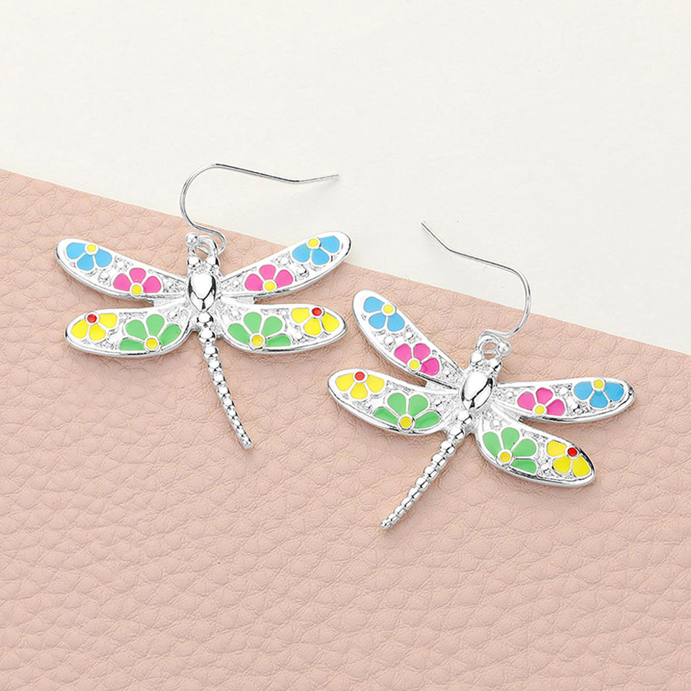 Madeline Love Multi, Silver Flower Patterned Dragonfly Dangle Earrings