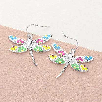 Madeline Love Multi, Silver Flower Patterned Dragonfly Dangle Earrings