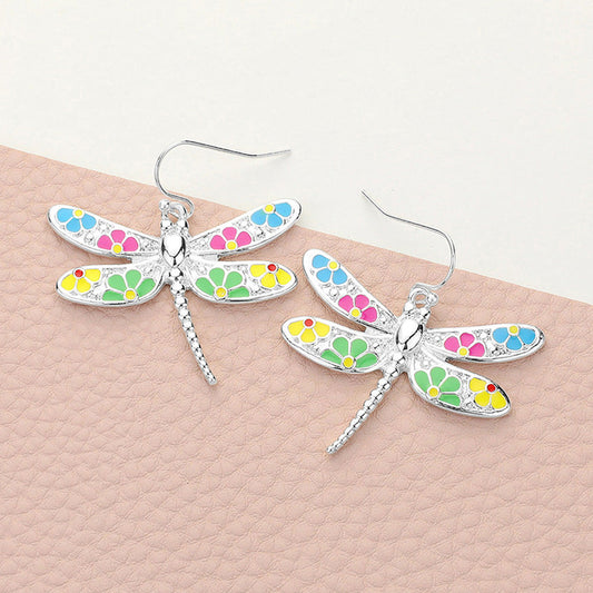 Madeline Love Multi, Silver Flower Patterned Dragonfly Dangle Earrings