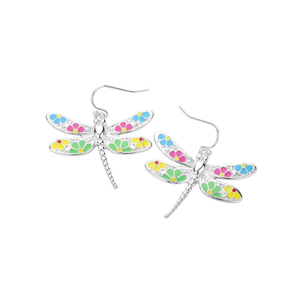 Madeline Love Multi, Silver Flower Patterned Dragonfly Dangle Earrings - desc