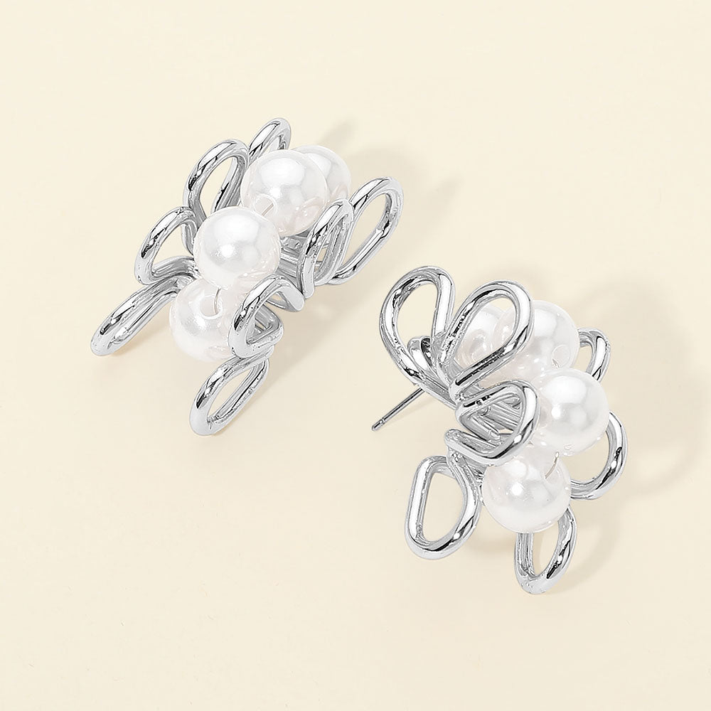 Madeline Love Rhodium Pearl Metal Wire Hoop Earrings