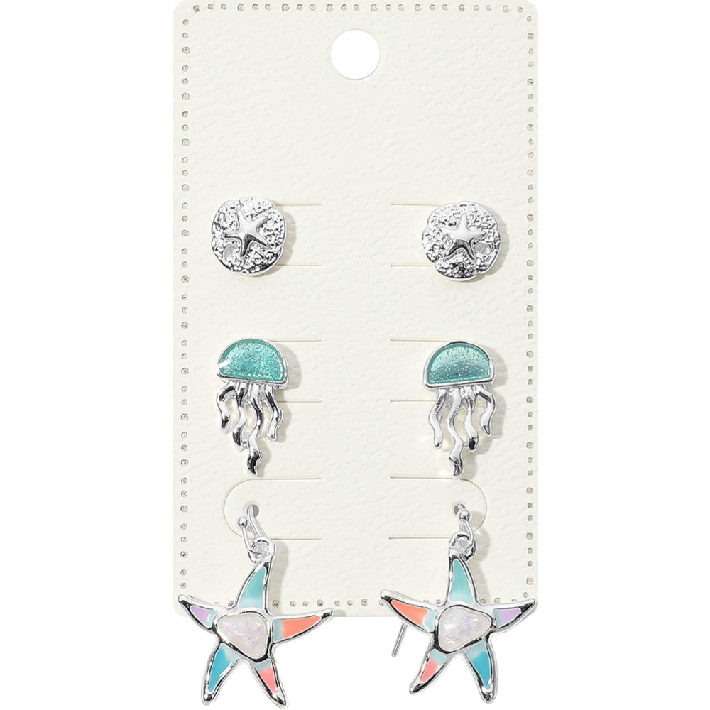 Madeline Love Multi, Silver 3Pairs - Metal Sand Dollar Enamel Jelly Fish Stud Starfish Dangle Earrings Set