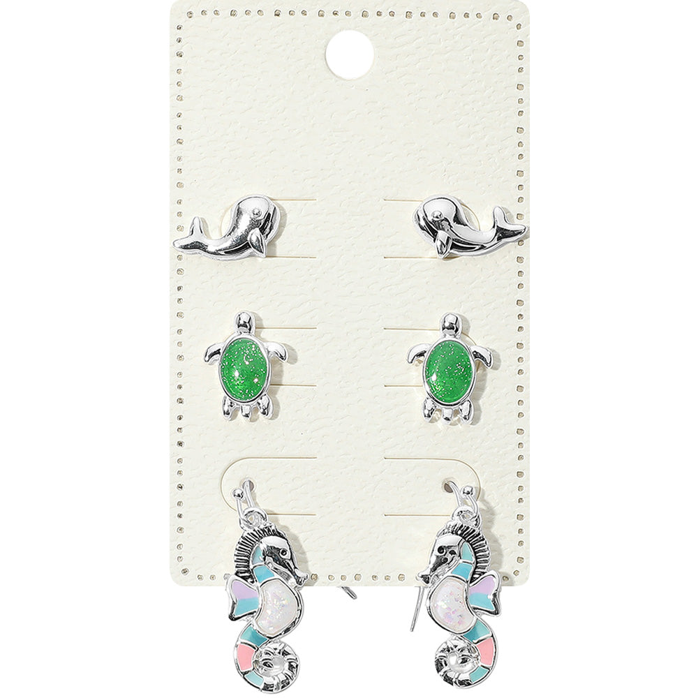 Madeline Love Antique Silver, Multi 3Pairs - Metal Whale Enamel Turtle Stud Seahorse Dangle Earrings Set