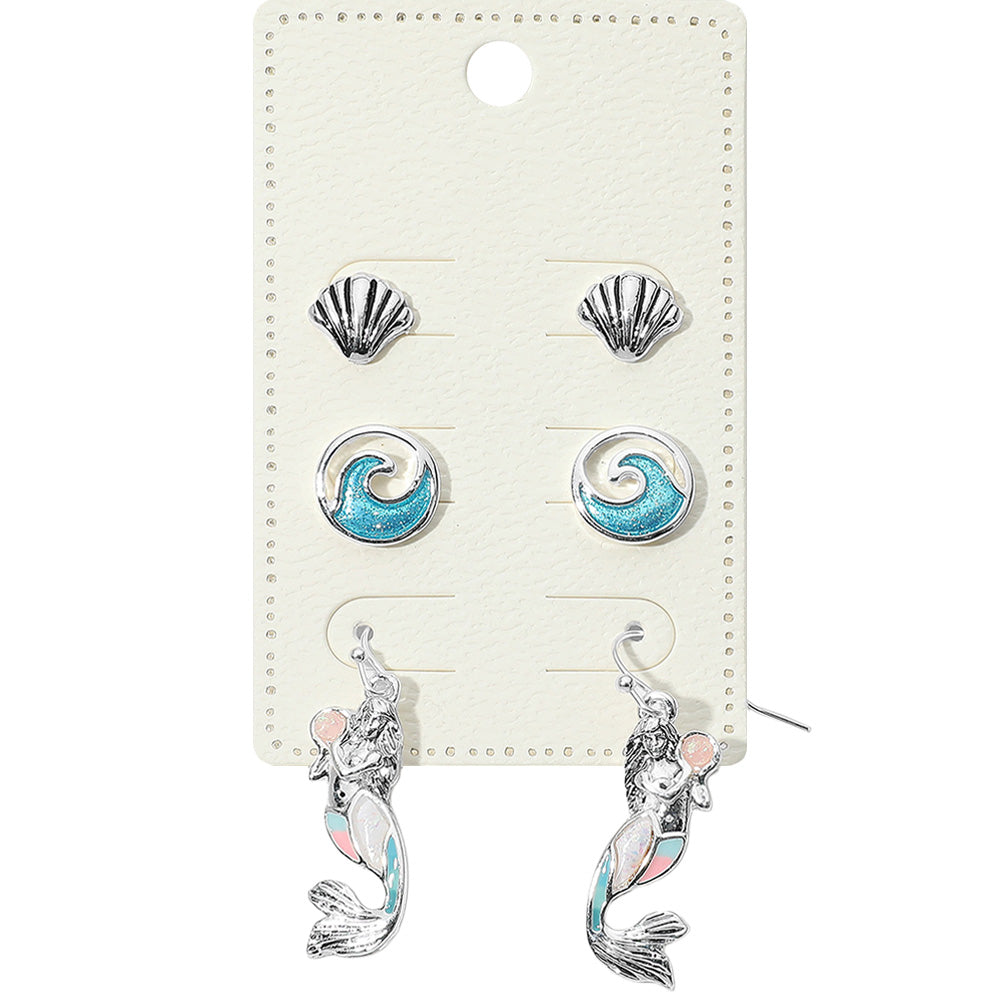 Antique Silver, Multi 3Pairs - Metal Seashell Enamel Wave Post Mermaid Dangle Earrings Set
