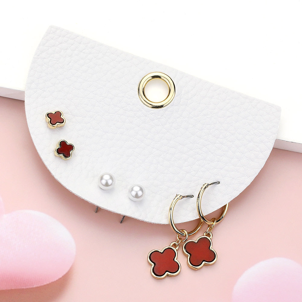 Madeline Love Burgundy, Gold 3Pairs - Quatrefoil Pearl Stud Quatrefoil Dangle Earring Set - Earrings