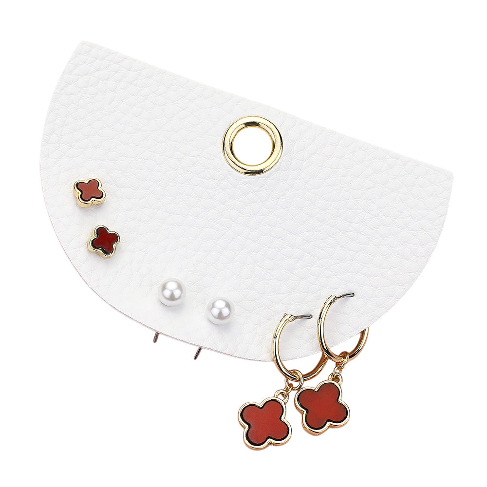Madeline Love Burgundy, Gold 3Pairs - Quatrefoil Pearl Stud Quatrefoil Dangle Earring Set - Earrings - desc