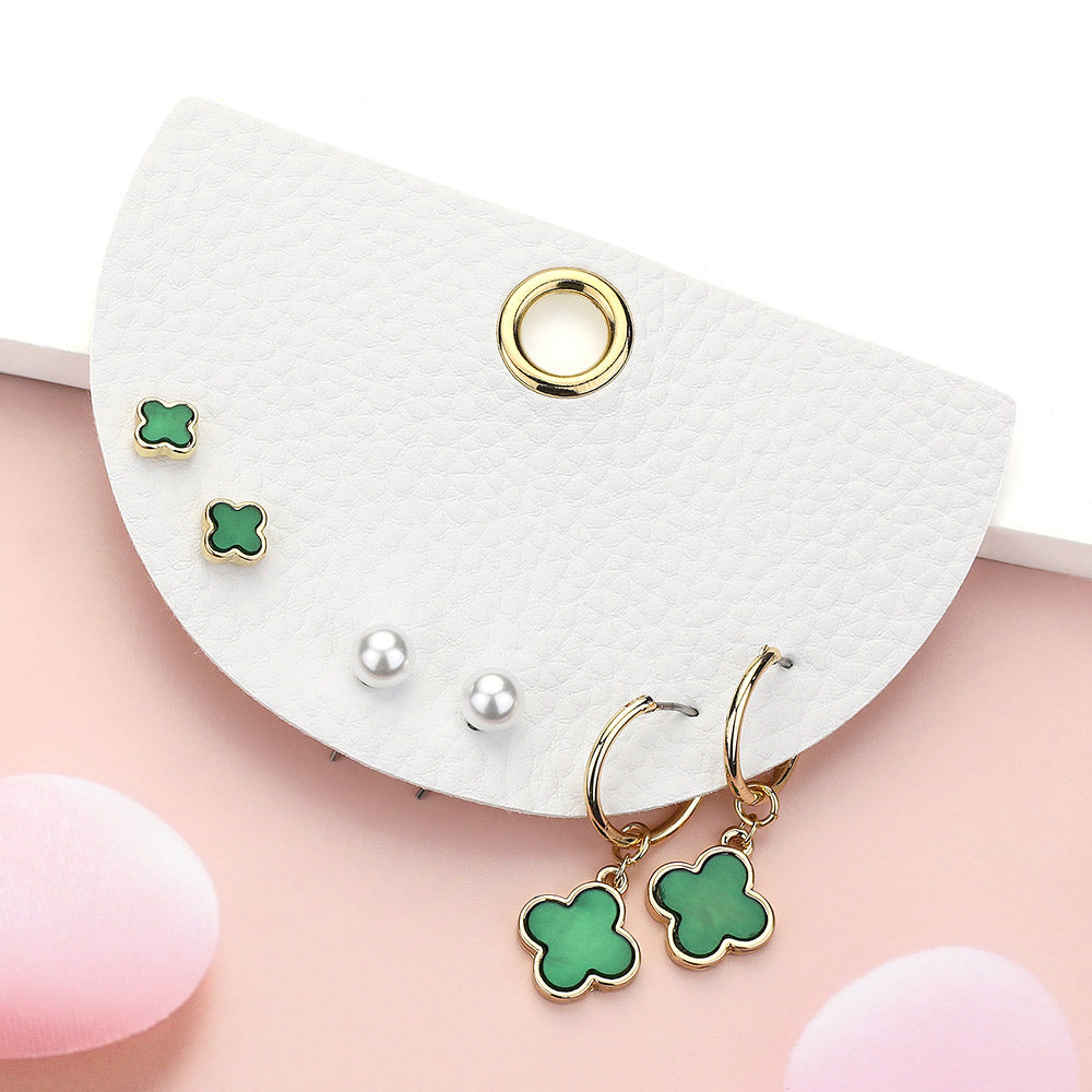 Madeline Love Gold, Green 3Pairs - Quatrefoil Pearl Stud Quatrefoil Dangle Earring Set - Earrings