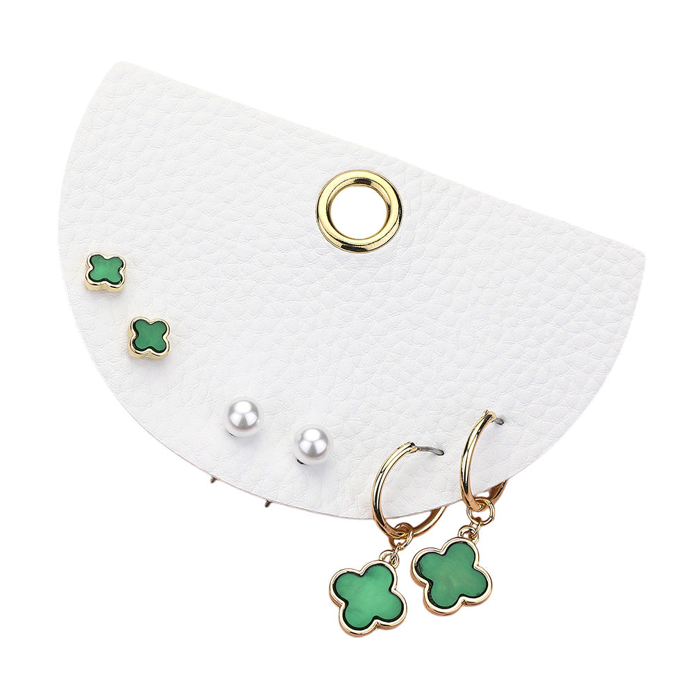 Madeline Love Gold, Green 3Pairs - Quatrefoil Pearl Stud Quatrefoil Dangle Earring Set - Earrings - desc