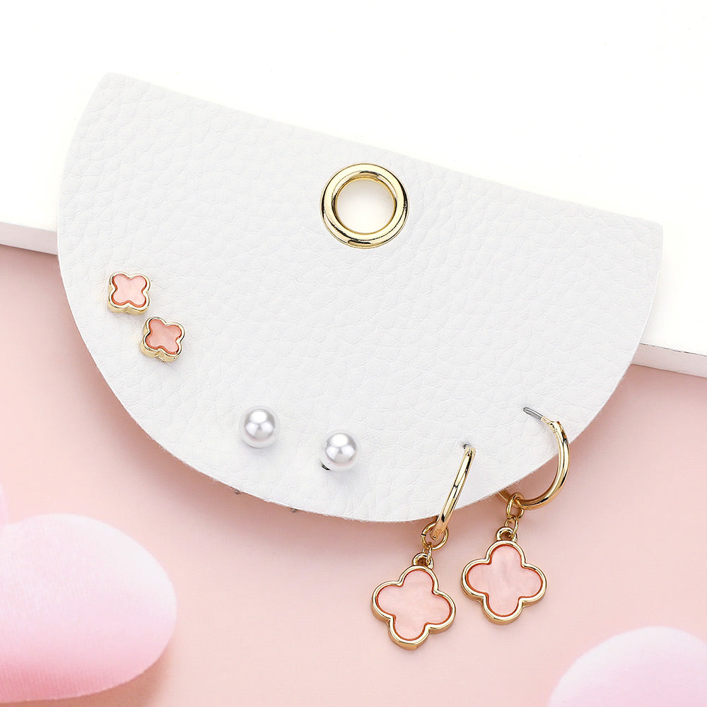 Madeline Love Gold, Pink 3Pairs - Quatrefoil Pearl Stud Quatrefoil Dangle Earring Set - Earrings