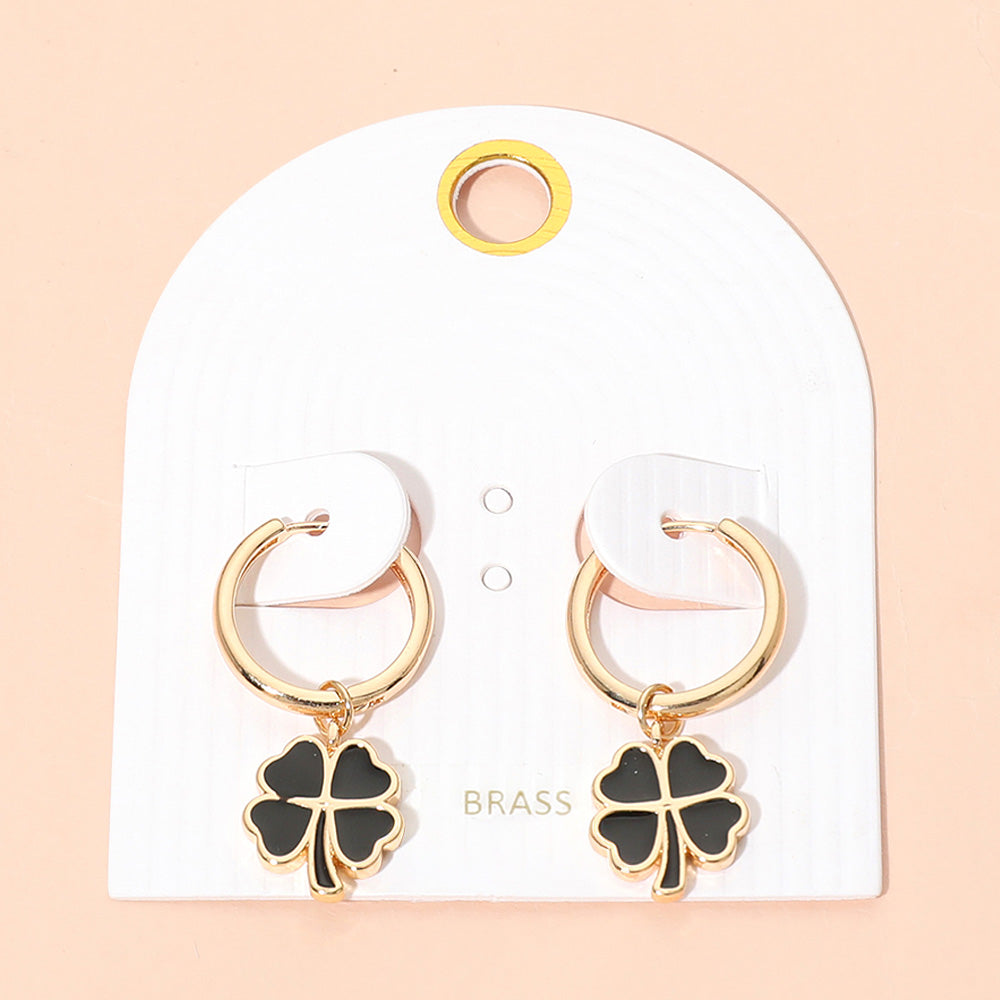 Madeline Love Black, Gold Clover Charm Drop Mini Huggie Hoop Earrings
