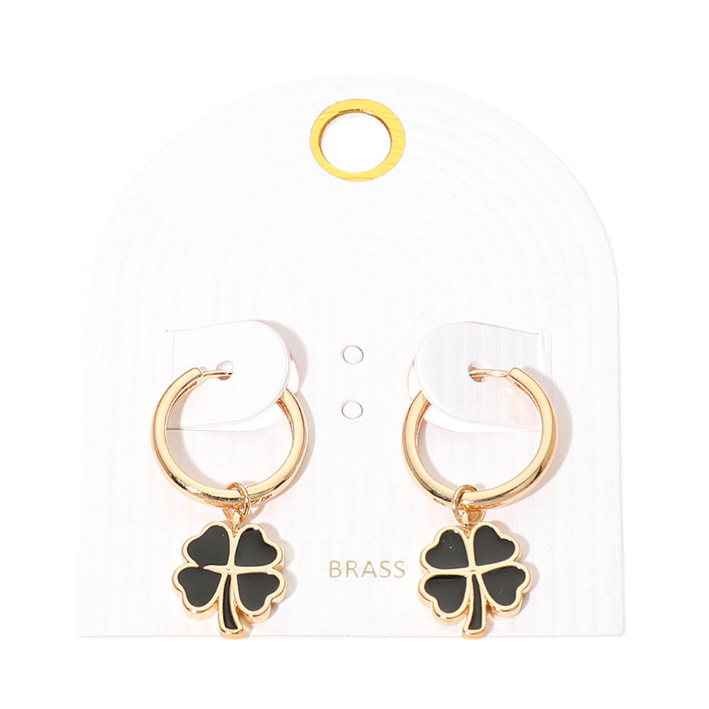 Madeline Love Black, Gold Clover Charm Drop Mini Huggie Hoop Earrings - desc